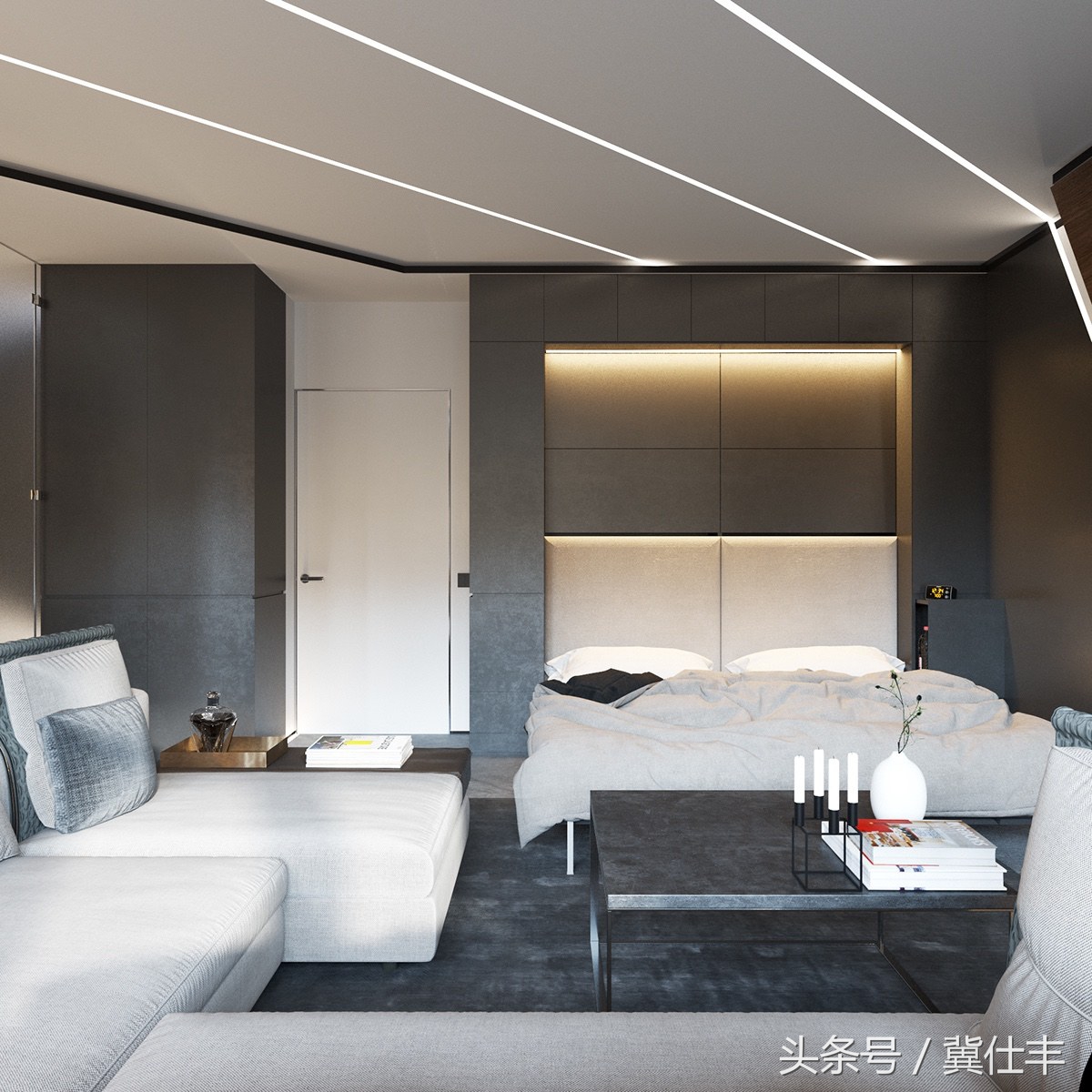 卧室悬浮床无主灯效果图,床可以折叠放到墙上吗