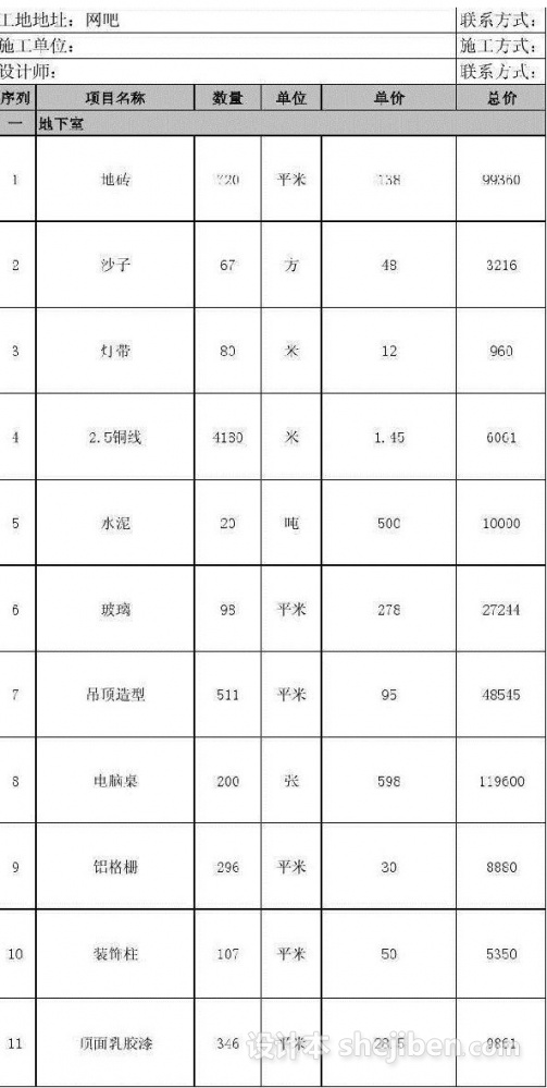湖南网吧装修预算清单明细,最新网吧装修预算清单