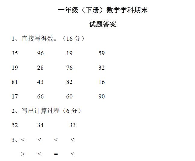 一年级数学期末试卷人教版知识点,人教版数学一年级下册期末考试题