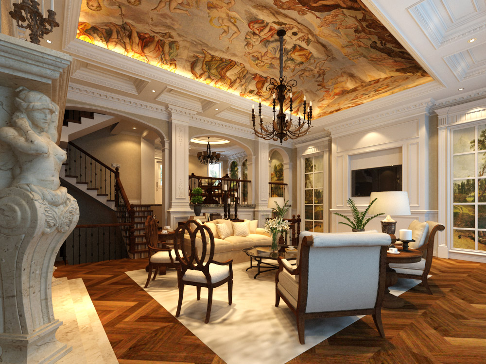 艺术雕琢华贵的妆点艺术的殿堂，听雨观澜流水别墅480平，林凤装饰全案整装设计