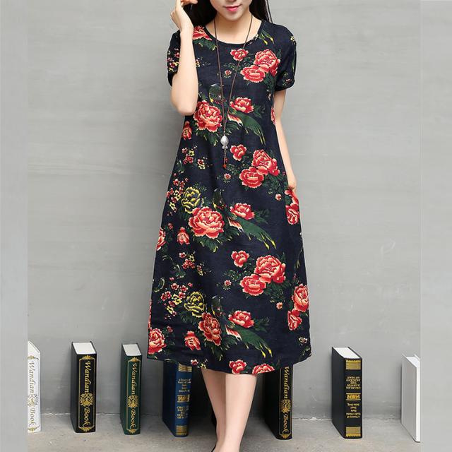 民族风大码碎花连衣裙，棉麻布料透气又时髦