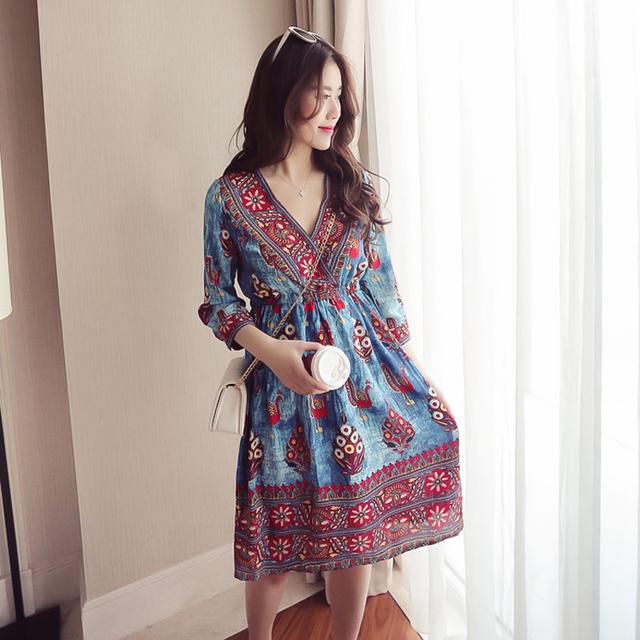民族风大码碎花连衣裙，棉麻布料透气又时髦