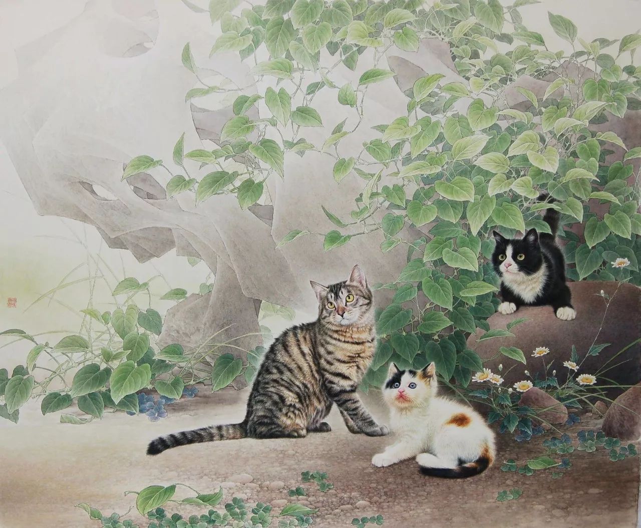 邢诚爱工笔猫扑蝶画法,邢诚爱工笔画猫白描底稿