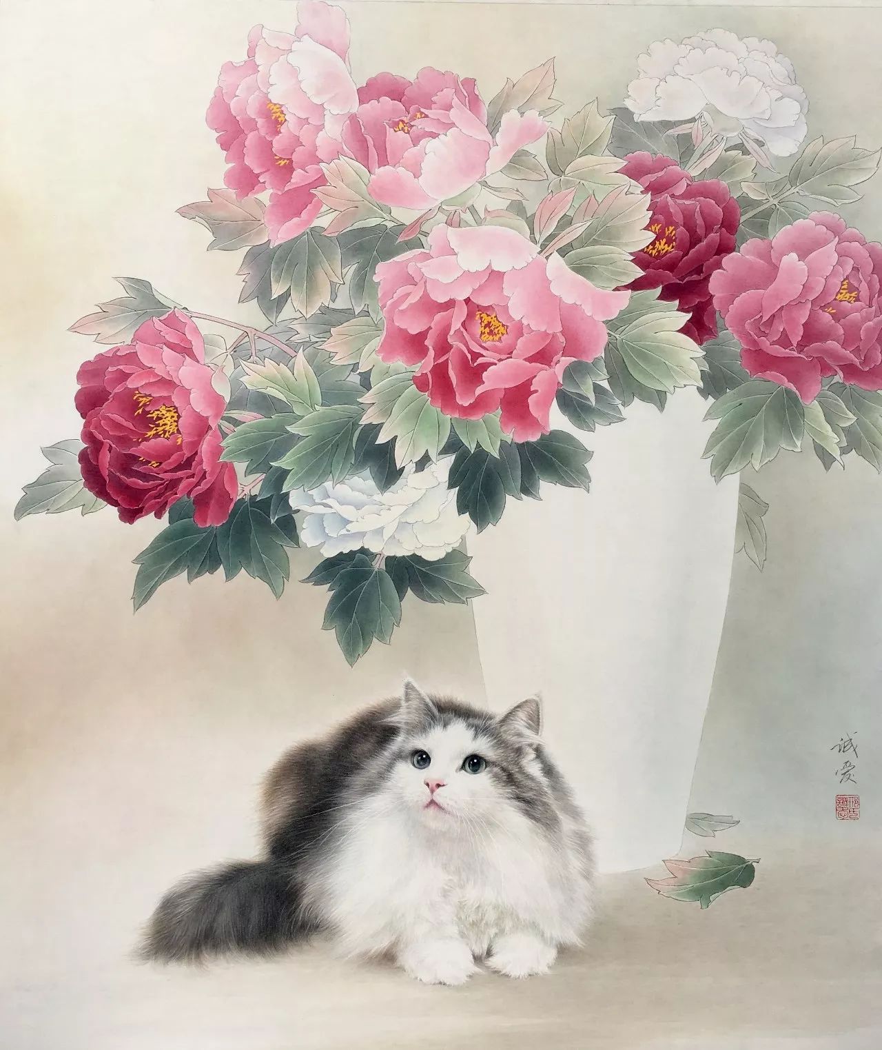 邢诚爱工笔猫扑蝶画法,邢诚爱工笔画猫白描底稿