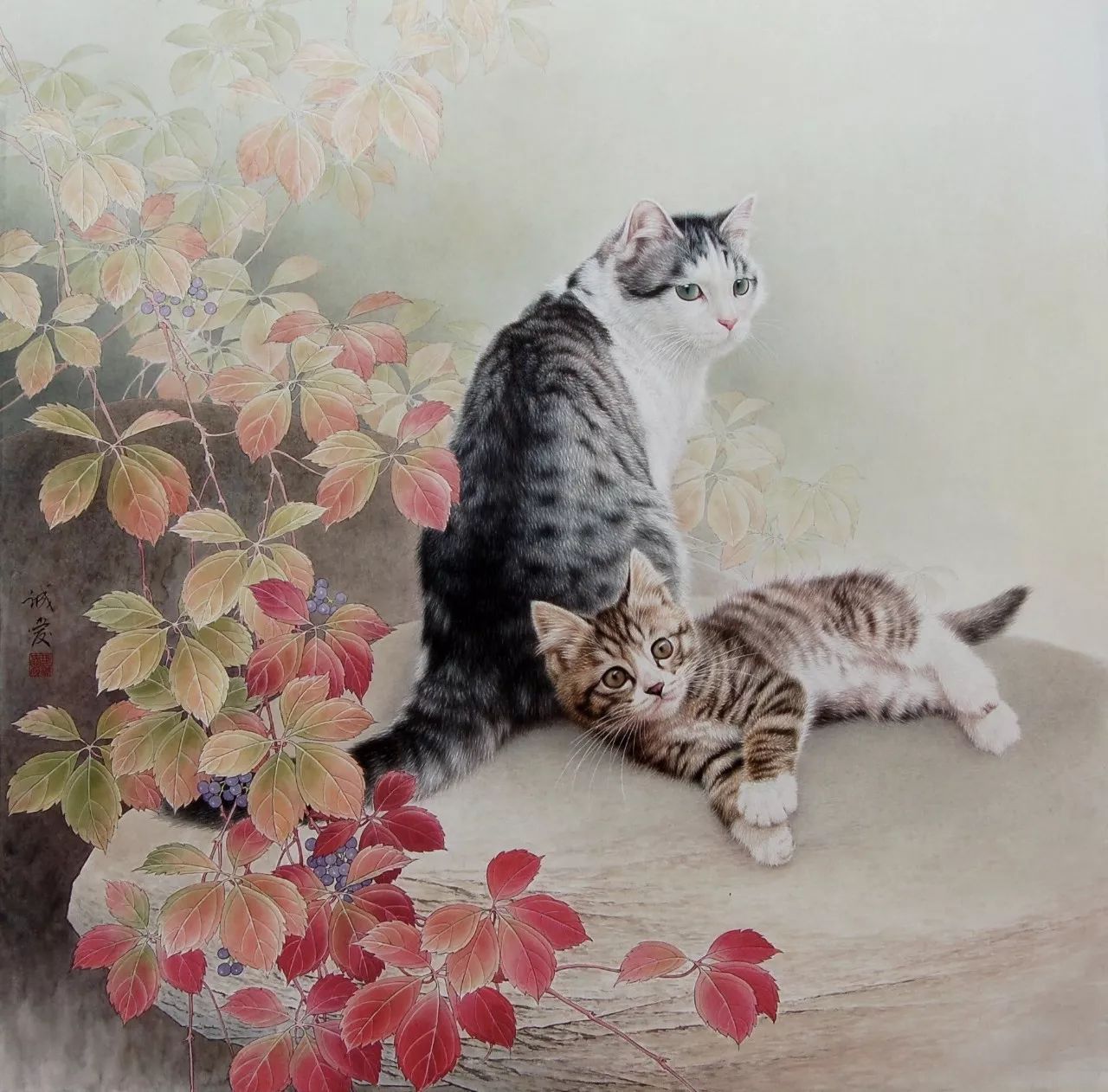 邢诚爱工笔猫扑蝶画法,邢诚爱工笔画猫白描底稿