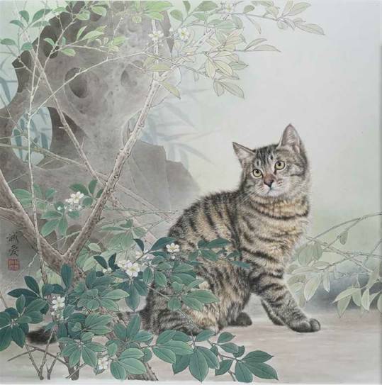 邢诚爱工笔猫扑蝶画法,邢诚爱工笔画猫白描底稿