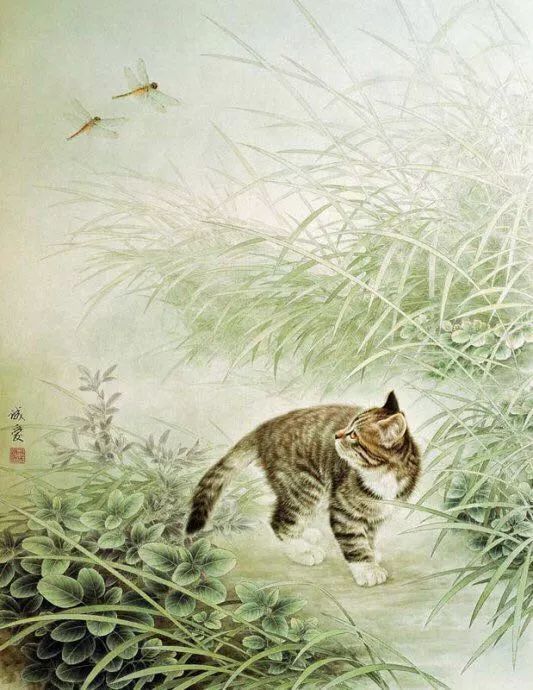 邢诚爱工笔猫扑蝶画法,邢诚爱工笔画猫白描底稿