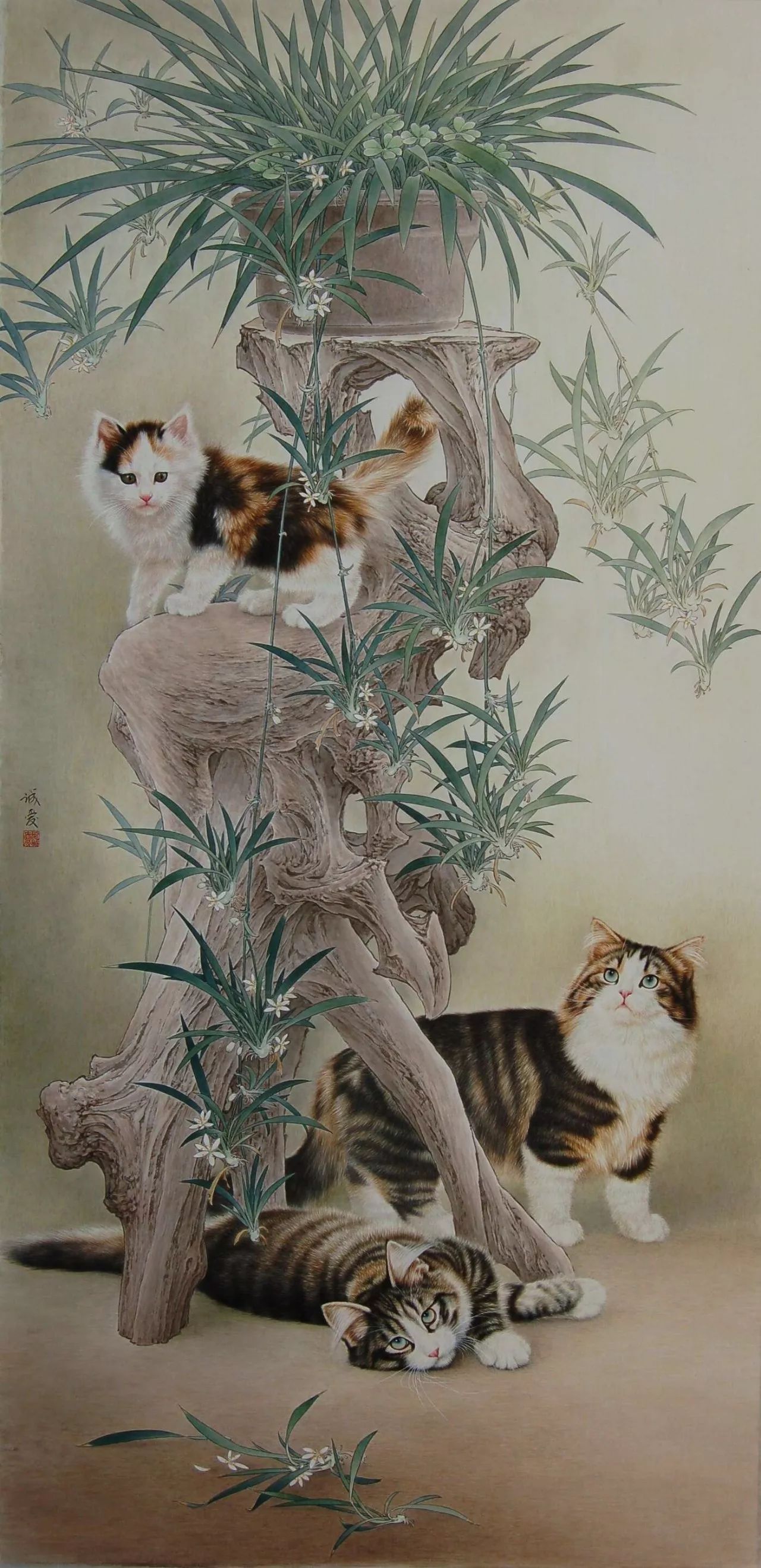 邢诚爱工笔猫扑蝶画法,邢诚爱工笔画猫白描底稿