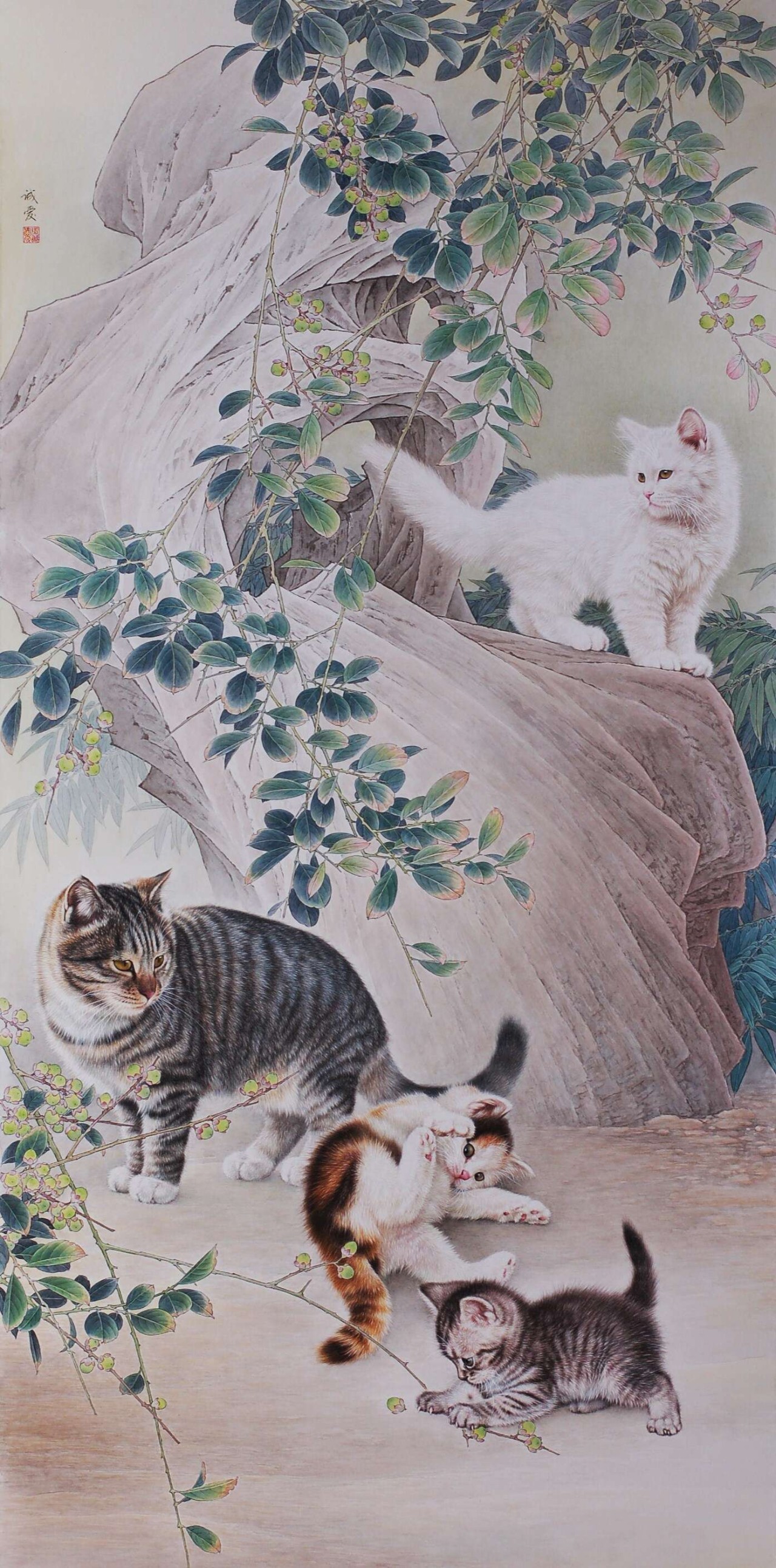 邢诚爱工笔猫扑蝶画法,邢诚爱工笔画猫白描底稿
