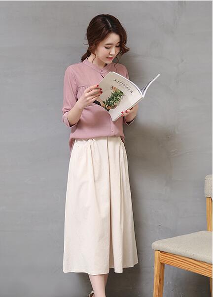 磨毛棉麻花边立领长裙,气质棉麻长裙