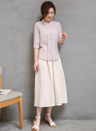 磨毛棉麻花边立领长裙,气质棉麻长裙