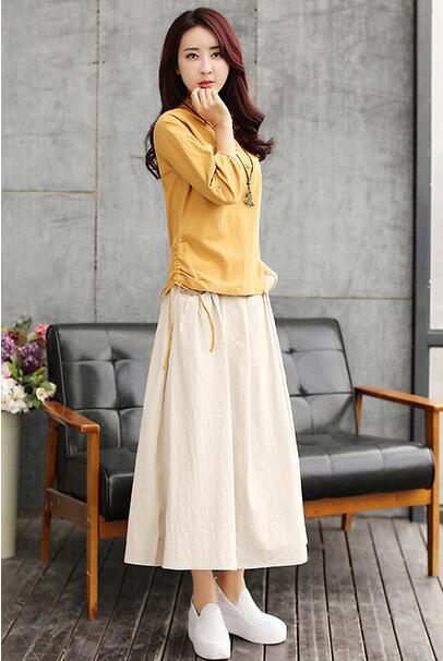 磨毛棉麻花边立领长裙,气质棉麻长裙