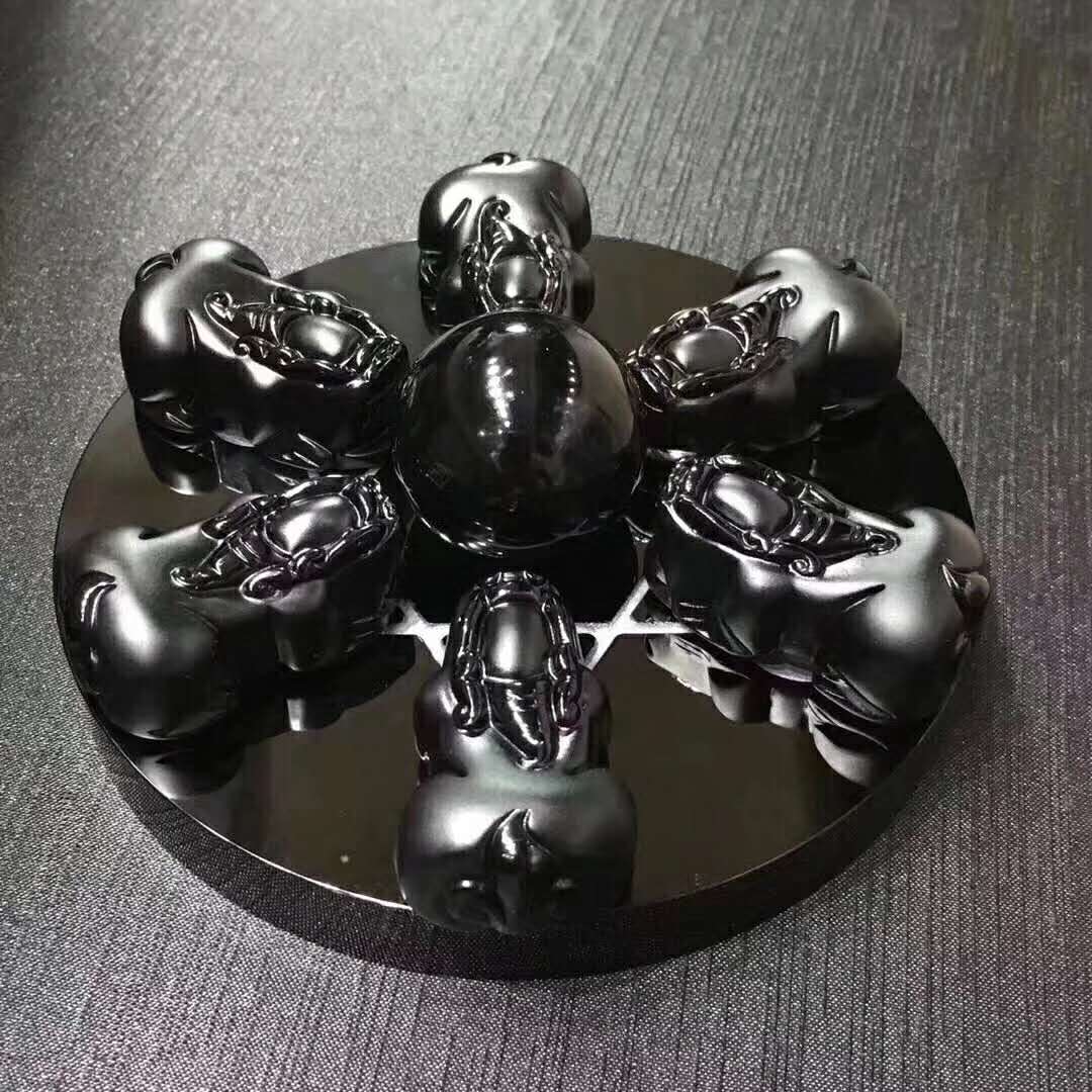 黑曜石貔貅摆件一对开光,开光六字真言黑曜石七星阵摆件