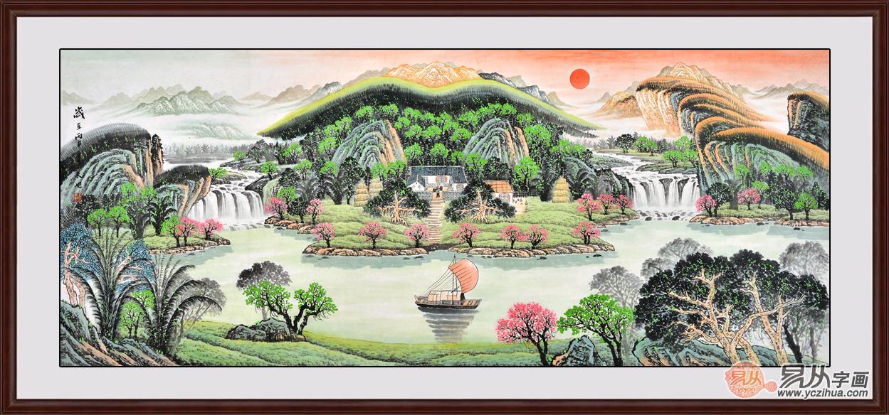 客厅山水画聚宝盆油画,客厅招财风水装饰画