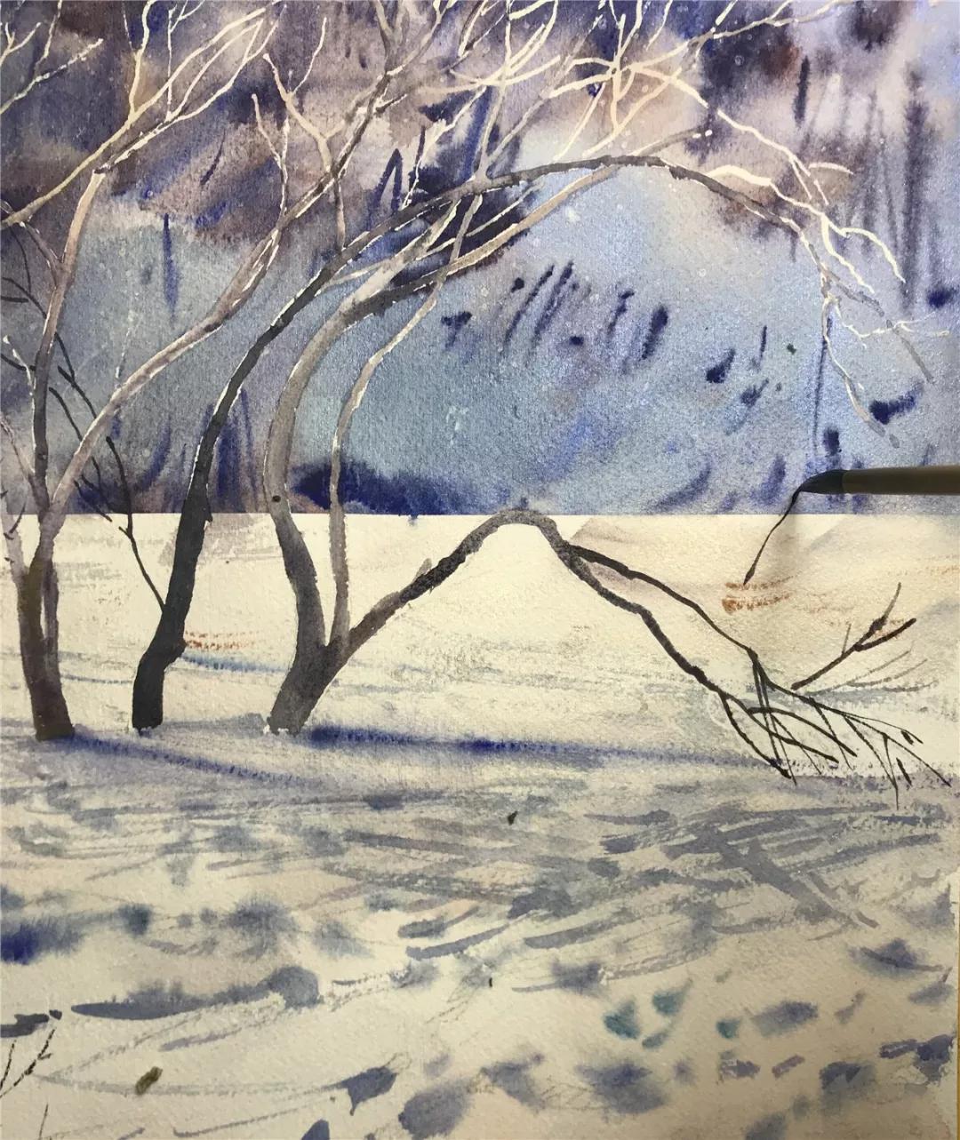 100幅风景写生水粉画教程,如何画雪景图水彩画教程