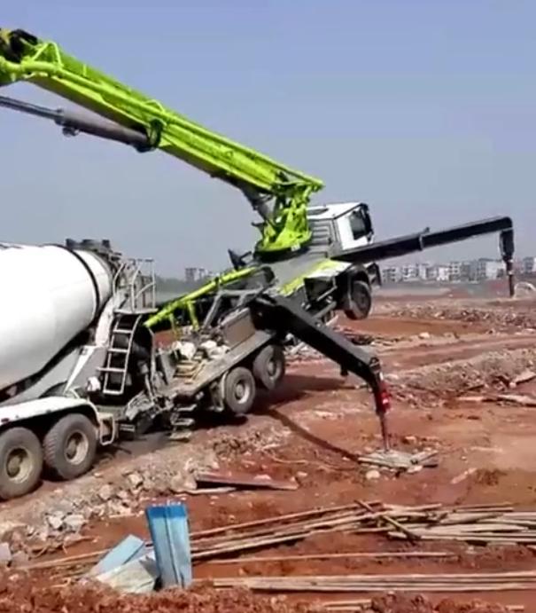 泵车翘腿子了司机还继续打料，车主的内心是崩溃的