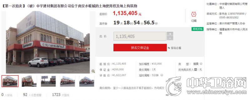 中宇卫浴拍卖了多少钱,中宇卫浴被谁收购了吗