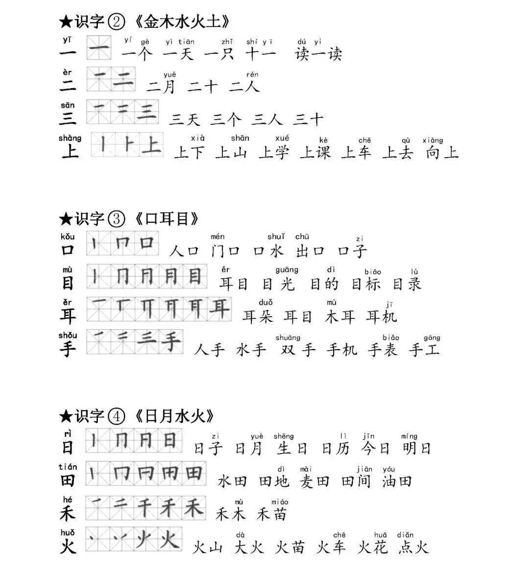 部编版一年级上册生字笔顺及组词,小学语文部编版一年级生字表