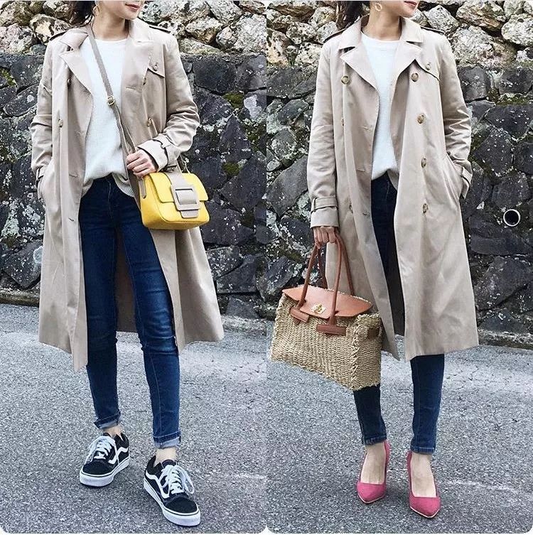 这个春天的美丽穿搭,韩系小姐姐中长款风衣搭配