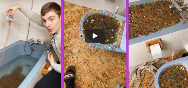 法国网红把吸水珠倒在浴缸里,法国网红泡泡球堵下水道