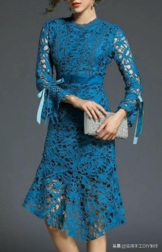 蕾丝镂空花连衣裙制作款式,钩花镂空蕾丝拼接连衣裙