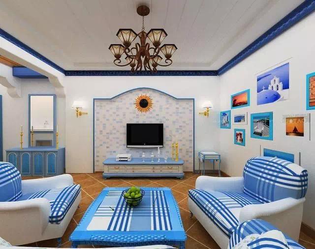 天蓝色地中海风格,地中海蓝色条纹装修效果图