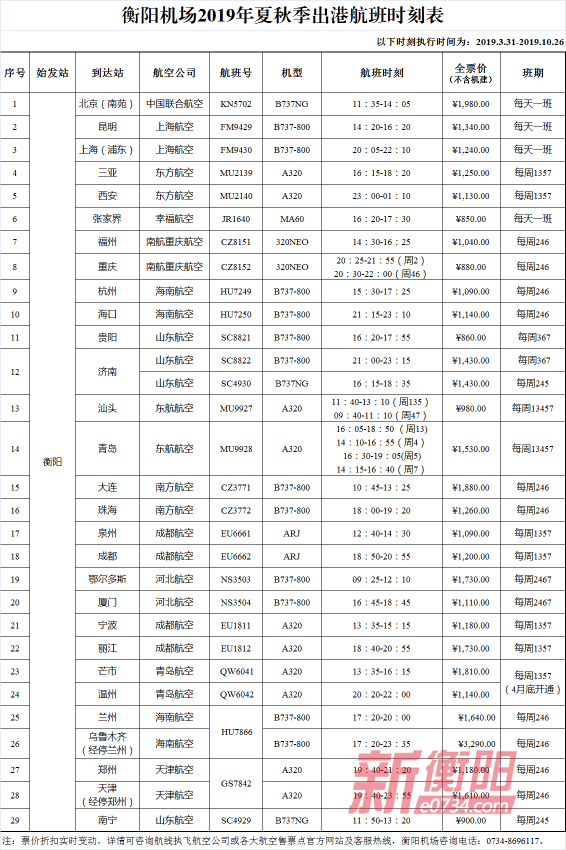 衡阳南岳机场最新航班时刻表,2020南岳机场航班