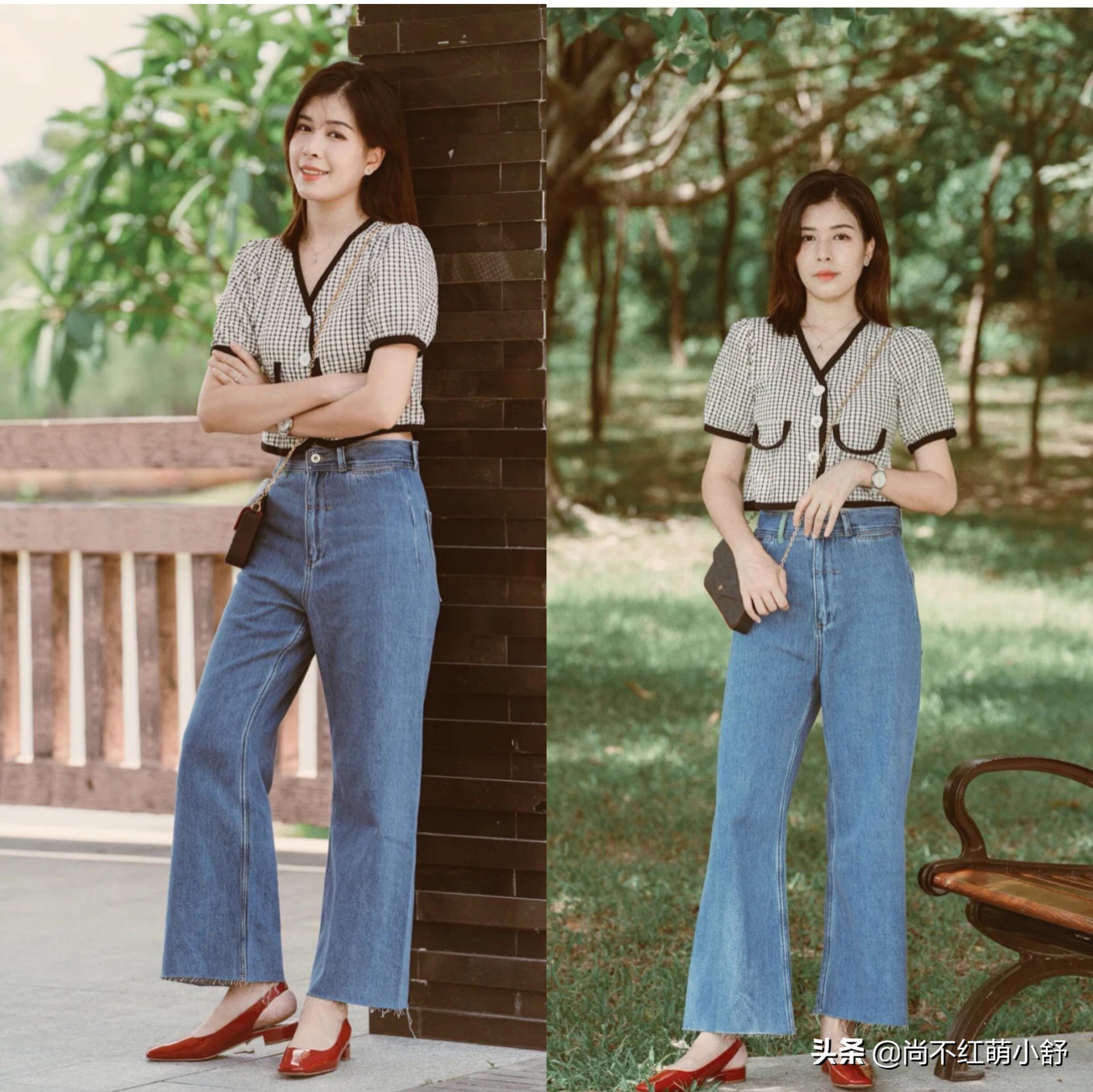 今年夏天流行什么颜色牛仔裤,蓝色微喇牛仔裤搭配鞋子