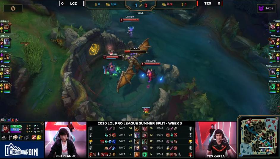 英雄联盟：knight卡尔玛一保四，JKL后期发力，TES首局拿下LGD