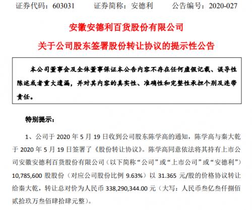 3.85亿卖控制权后，安德利董事长再卖股权套现3.38亿