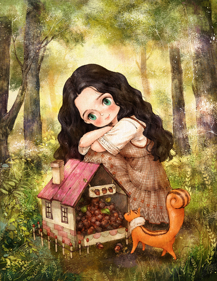 韩国插画师森林女孩日记图文,水彩插画森林女孩日记