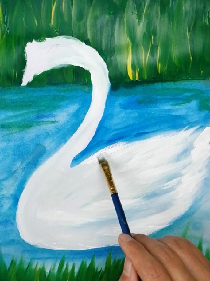 大白鹅彩铅儿童画,水粉大白鹅的画法