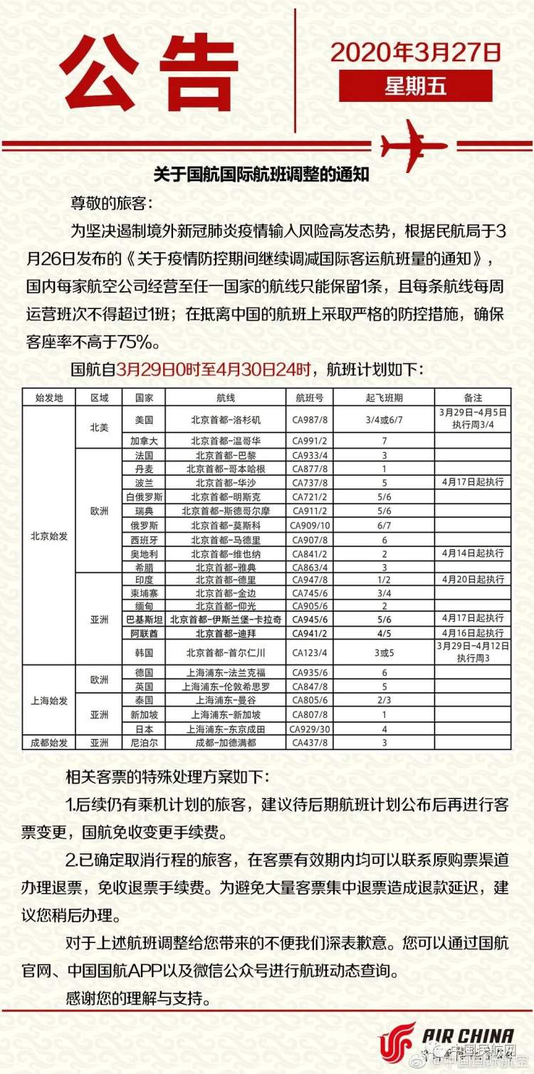 关于国际航班调整通知最新,明日航班最新信息