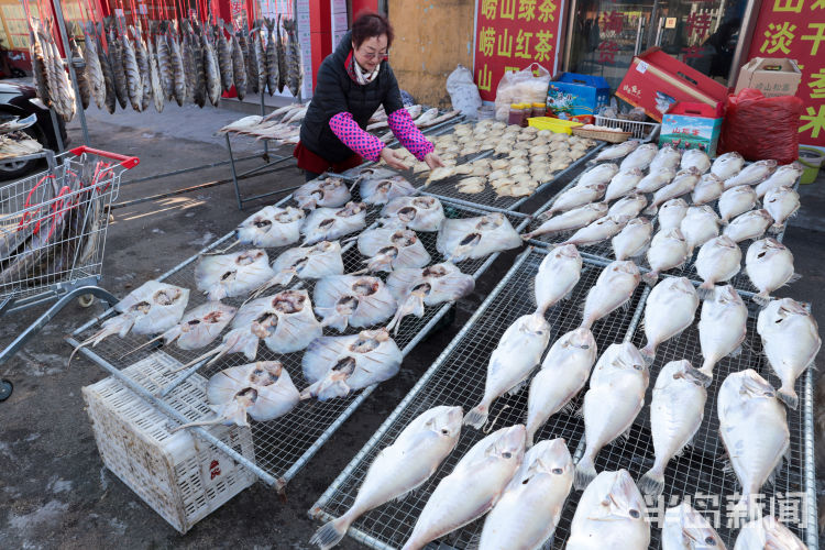 晾晒的各种鱼悬挂路边很是壮观，面包鱼价格为35元一斤，大鲈鱼42一斤……