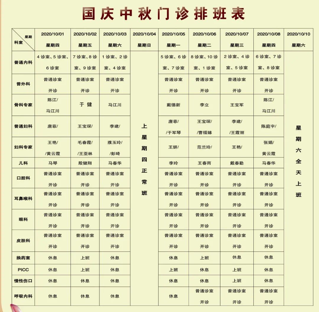 转发收藏！国庆假期，各大医院排班表出炉