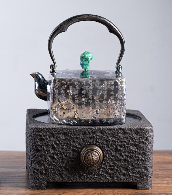 纯银嵌金荷花银壶纯手工泡茶银壶,纯银复古银壶