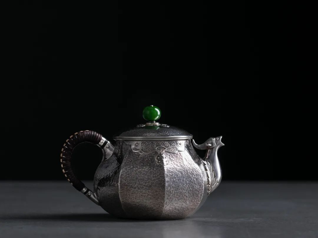 纯银嵌金荷花银壶纯手工泡茶银壶,纯银复古银壶