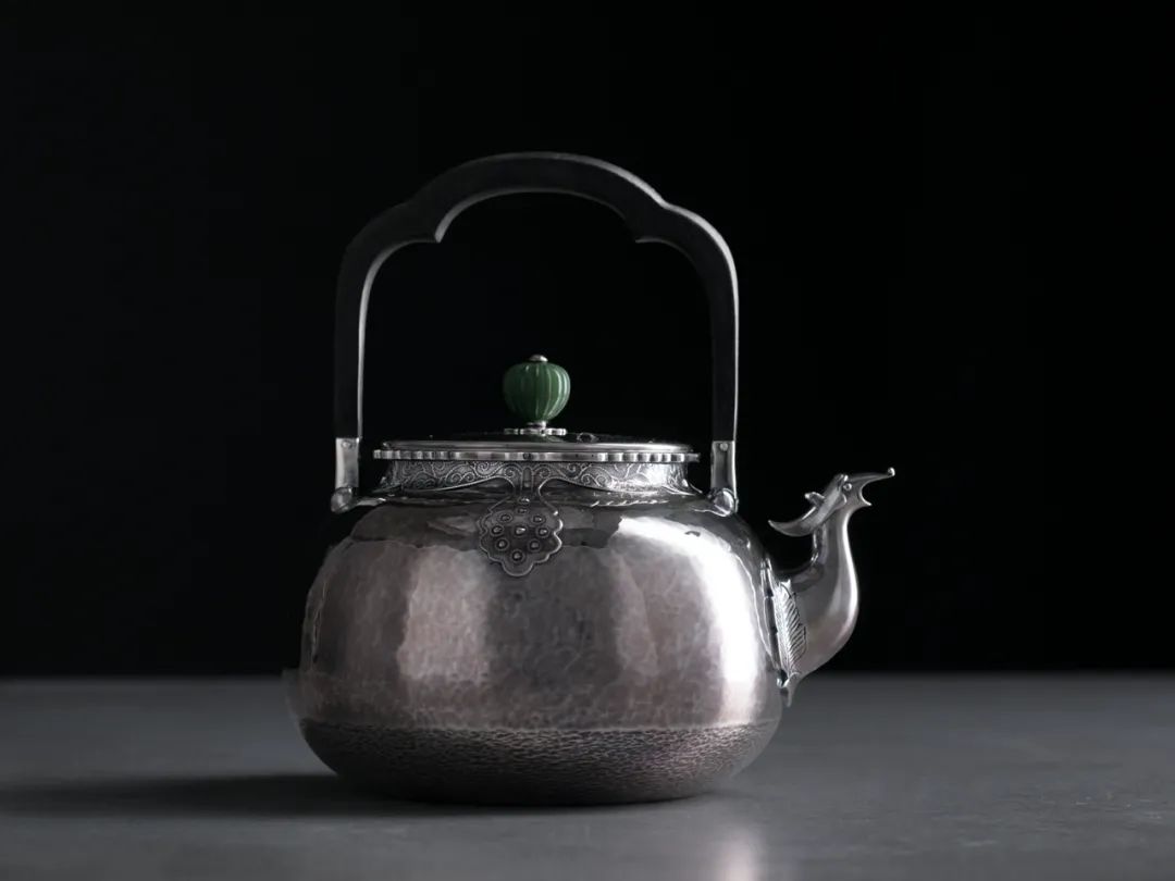 纯银嵌金荷花银壶纯手工泡茶银壶,纯银复古银壶