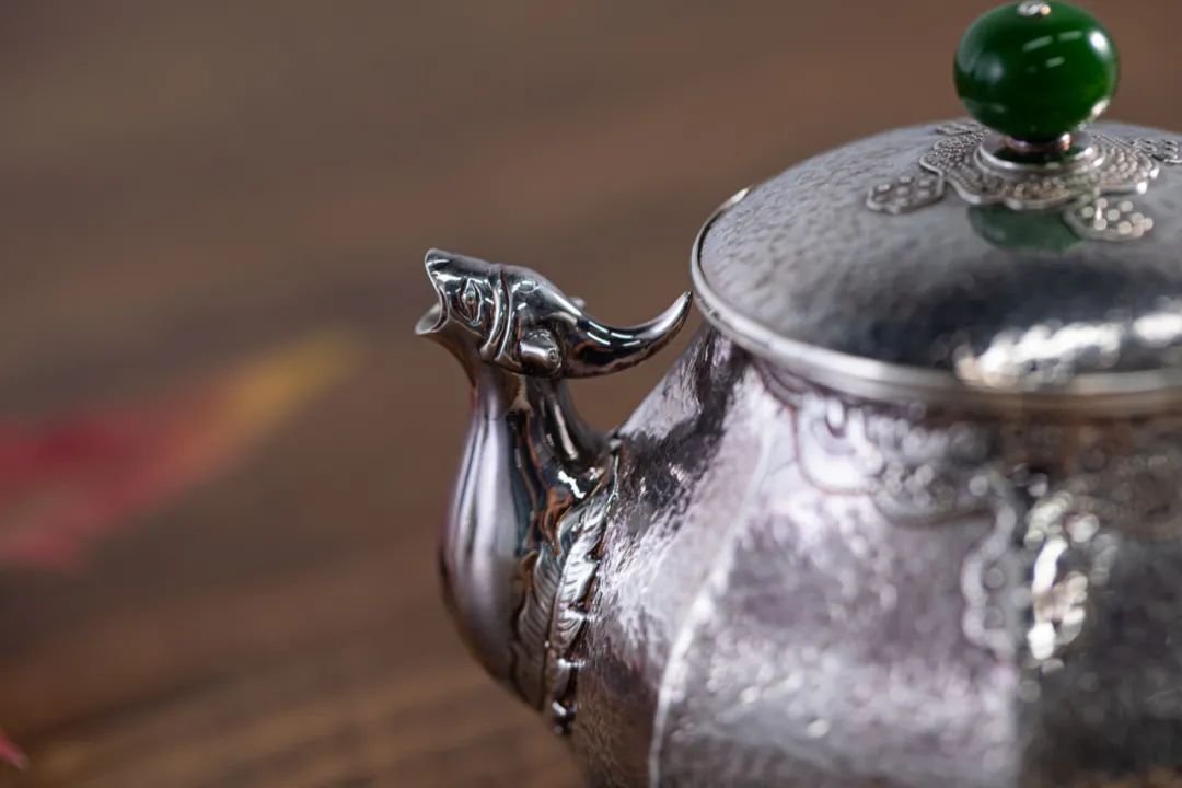 纯银嵌金荷花银壶纯手工泡茶银壶,纯银复古银壶