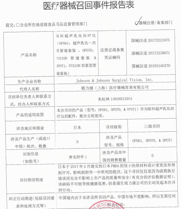 强生召回眼科超声乳化仪原材料设计变更未得到许可