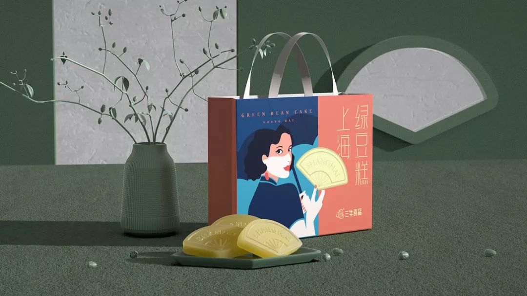 樱花绿豆糕包装盒,包装上印有福字的绿豆糕