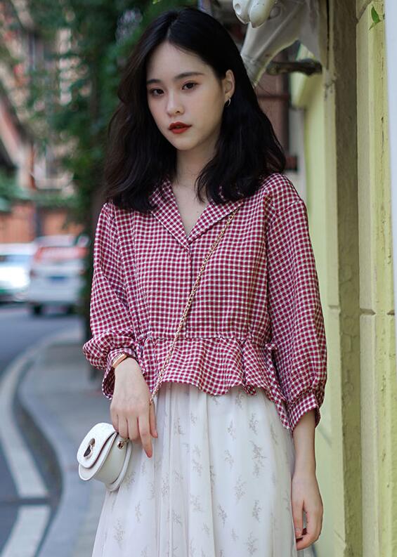 格子衬衫高级感修身,港风小众复古玫瑰花格子衬衫