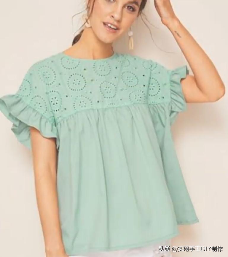 2020蕾丝领时尚气质纯色衬衣,时尚设计荷叶花边纽扣套头衬衫